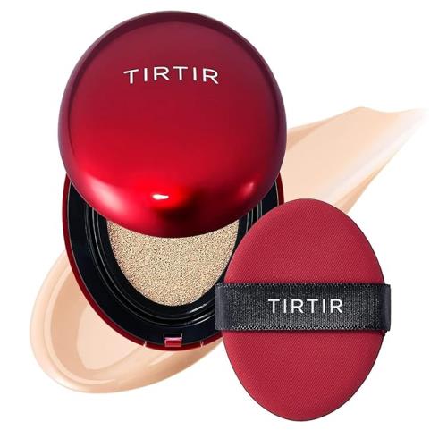 Round compact with a glossy pink exterior, featuring the Cheeky Stamp 02 Saucy Cushion Blush and a built-in mirror.