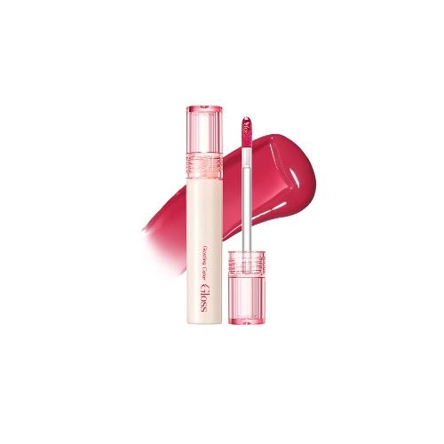 Lip gloss in 01 Sanho Crush with applicator wand on plain white background