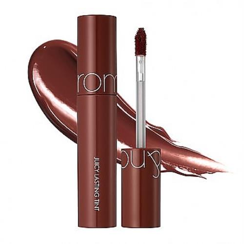 Long-lasting dewy lip tint in 02 Salty Peach with applicator wand on plain white background